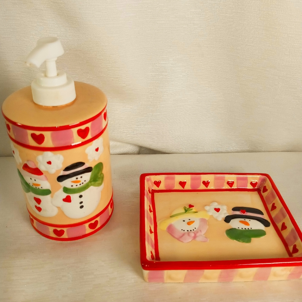 Christmas Bath Hearts Soap Dish Snowman & Snowlady Designer Signed Dianna Marcum